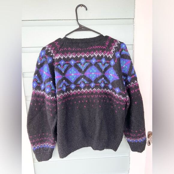 Vintage LL Bean mohair faire isle sweater 90s black fall winter holiday cardigan - Picture 6 of 8